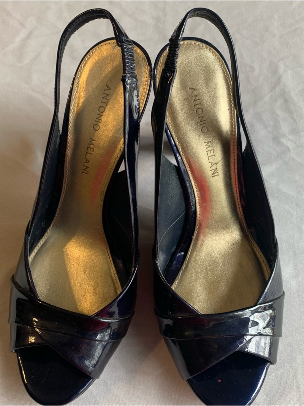ANTONIO MELANI Navy Patent Peep-Toe Slingback Heels 8 Leather 4 inch tall